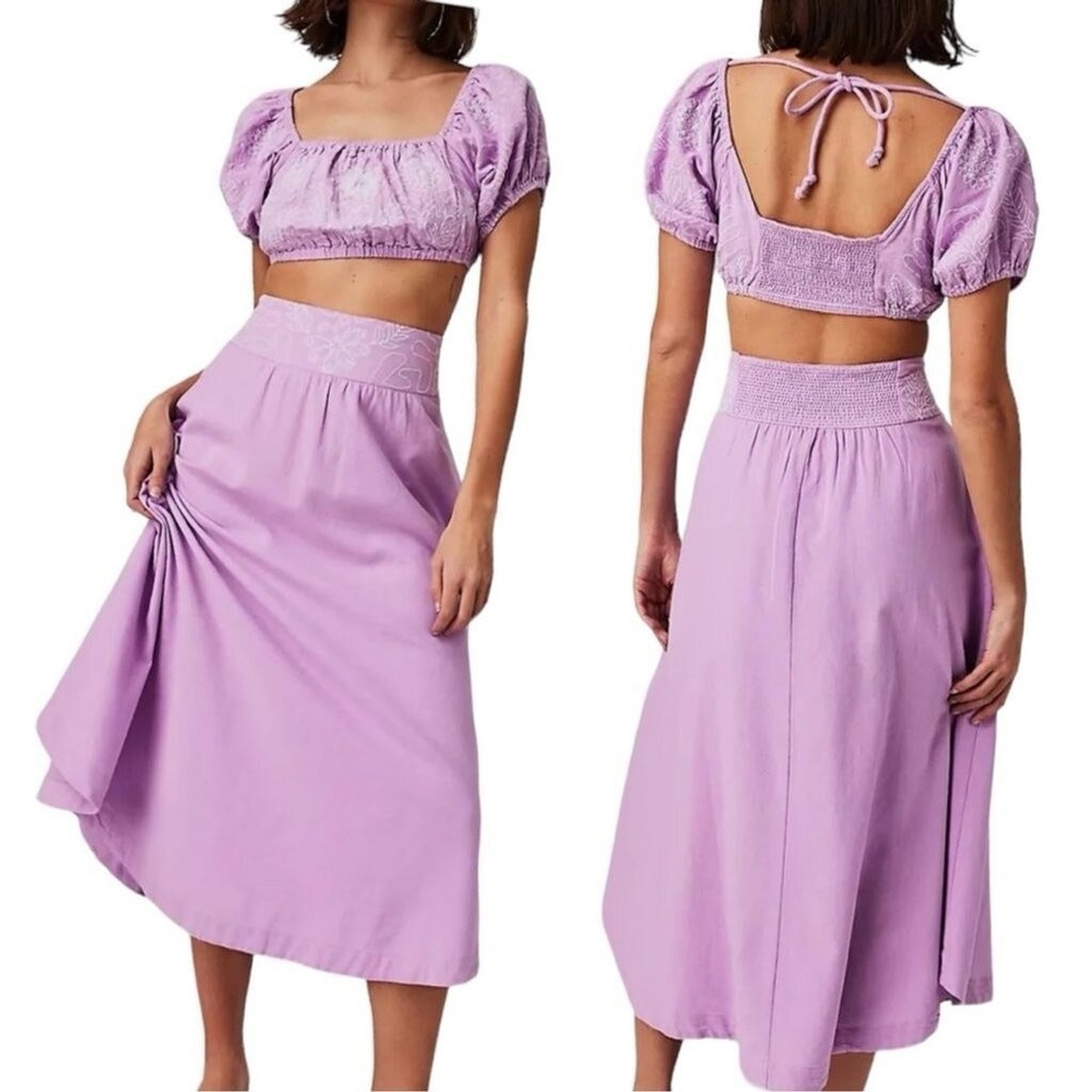 Free People Women's L 2 Piece Set Purple Floral Embroidered Crop Top Midi‎ Skirt